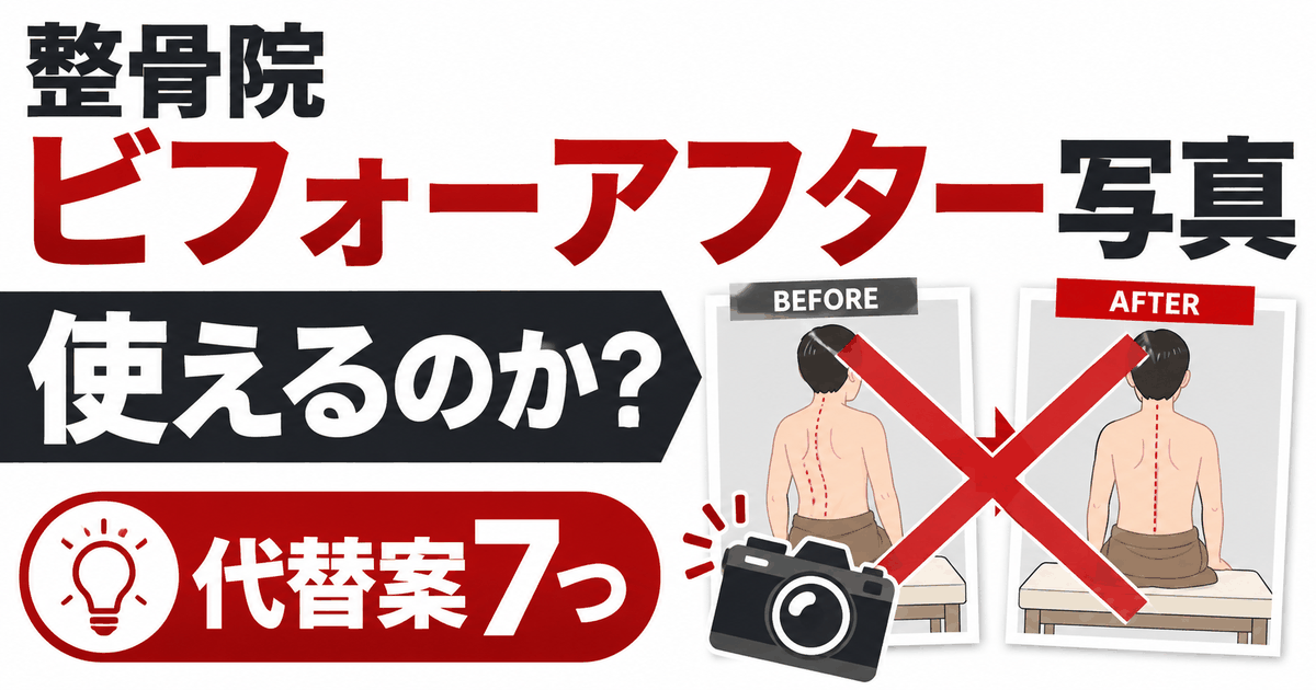 整骨院のビフォーアフター写真を示したバナー。比較写真に大きな禁止マークとカメラ