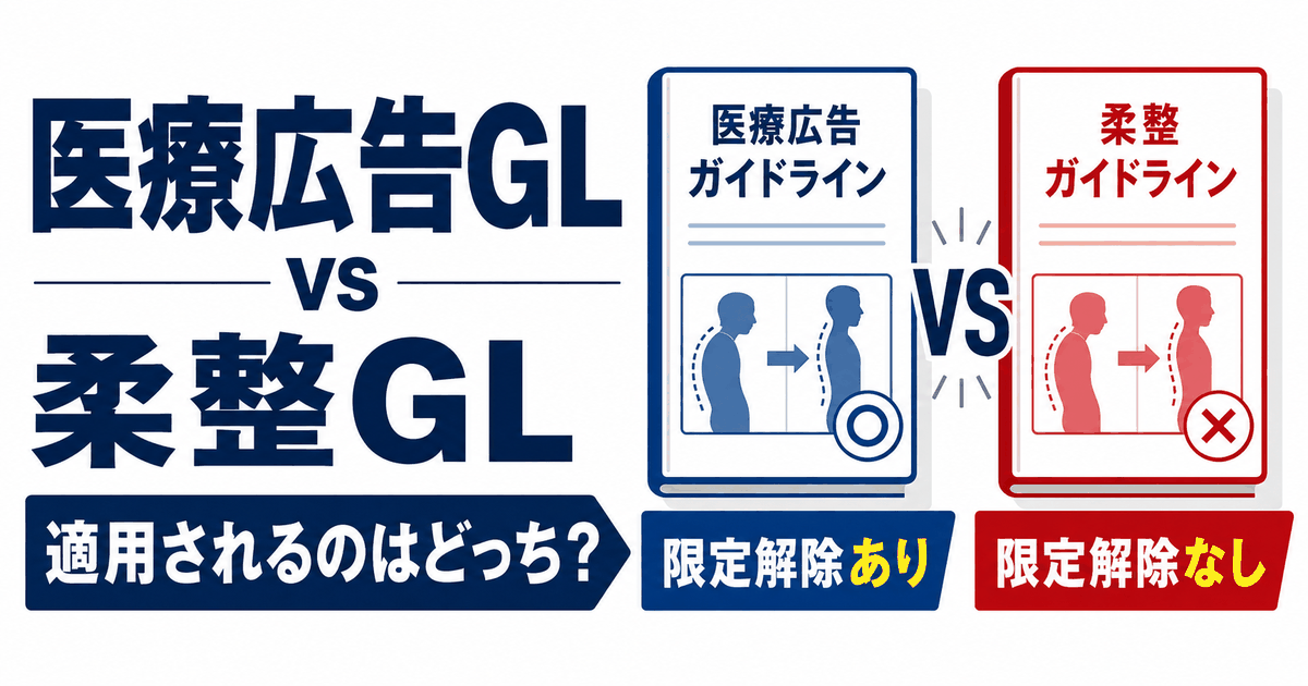 医療広告GLと柔整GLを対比したバナー。医科は限定解除あり、柔整は限定解除なしを示す
