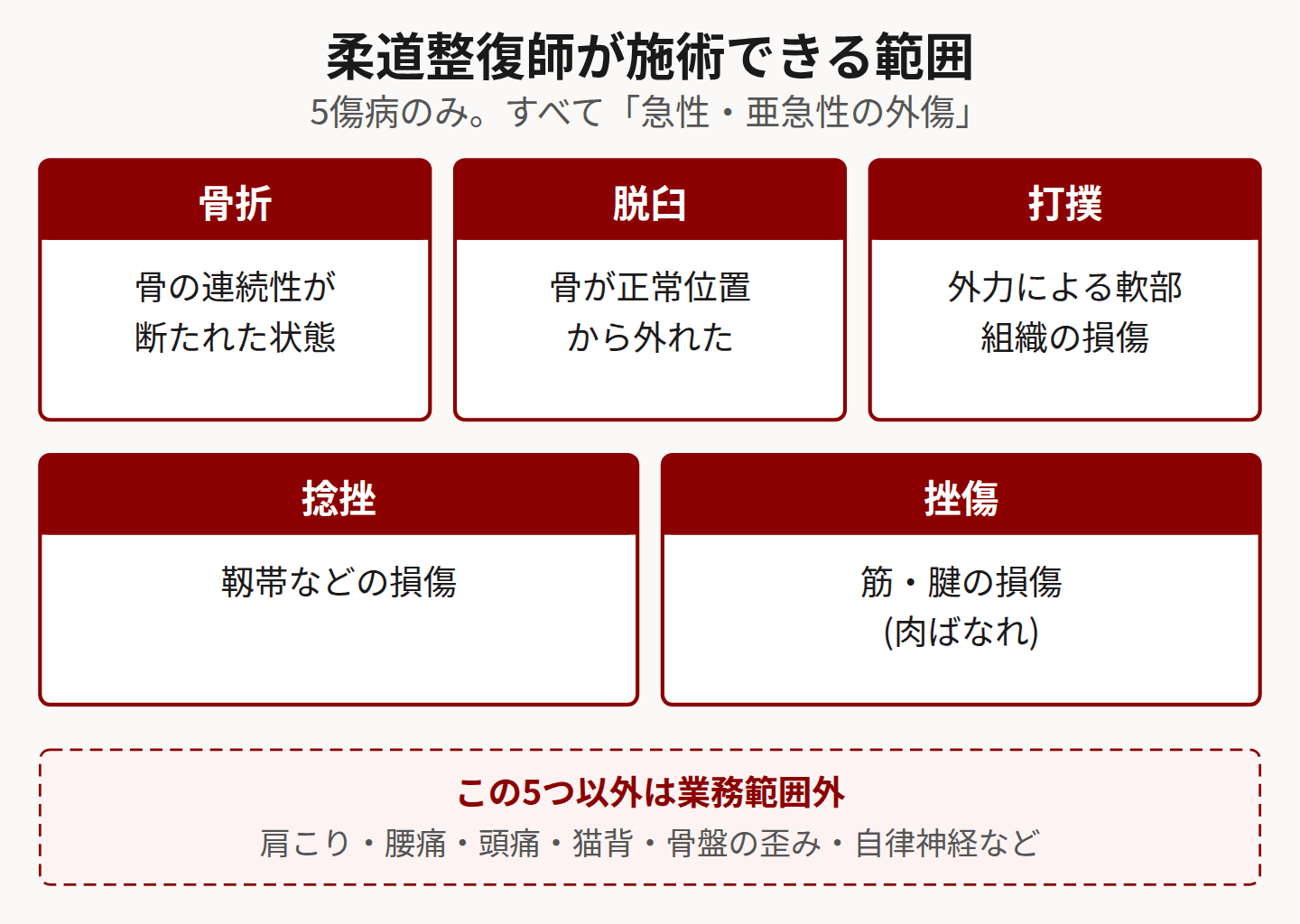 柔道整復師の業務範囲である5傷病を示した図
