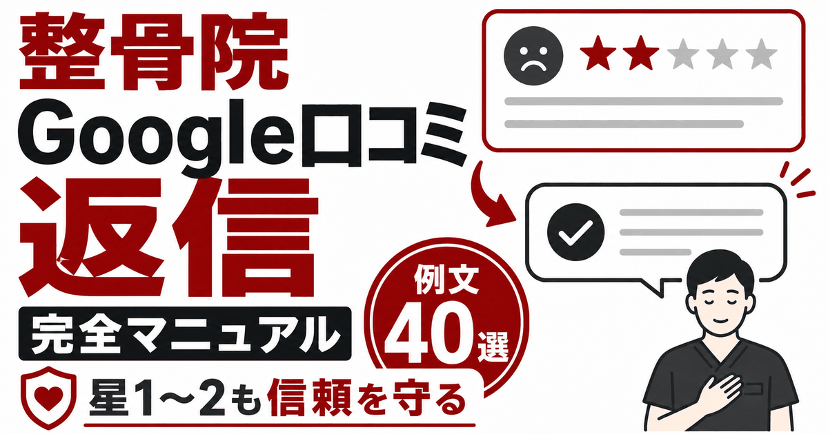整骨院のGoogle口コミ返信マニュアルのバナー。星2のレビューと施術者からの返信、例文40選