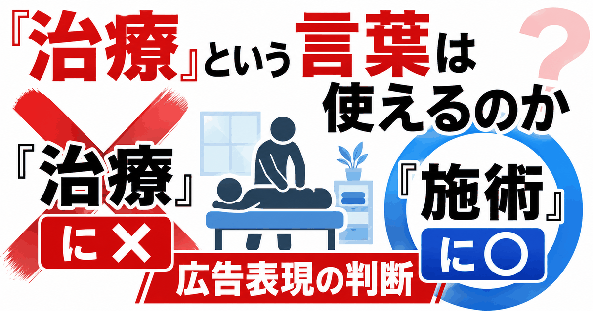 「治療」に×、「施術」に○を示したバナー。広告表現の判断と施術風景のイラスト