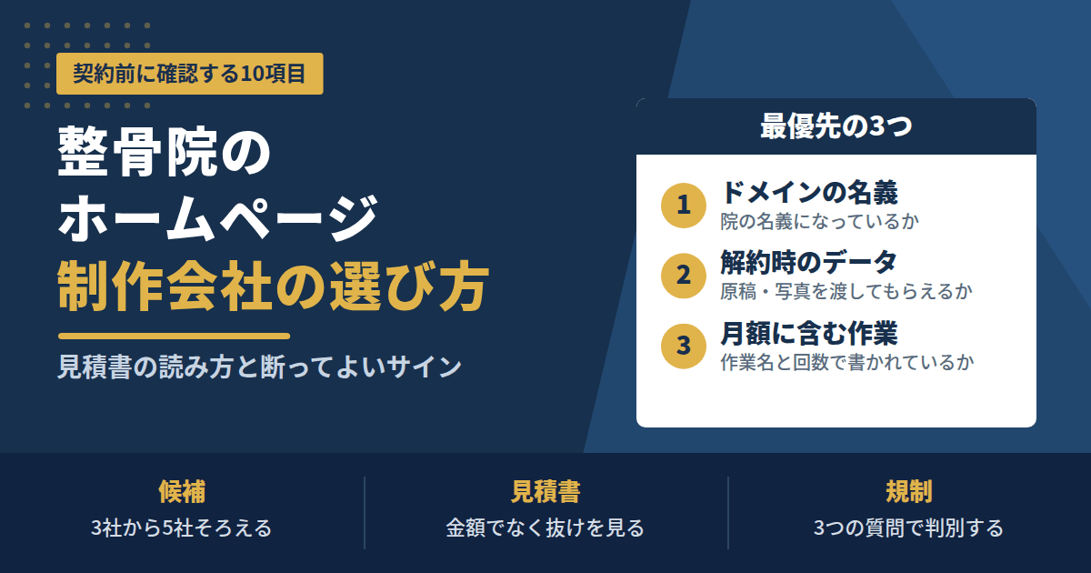 整骨院のホームページ制作会社の選び方。契約前に確認する10項目。最優先はドメインの名義、解約時のデータ、月額に含む作業